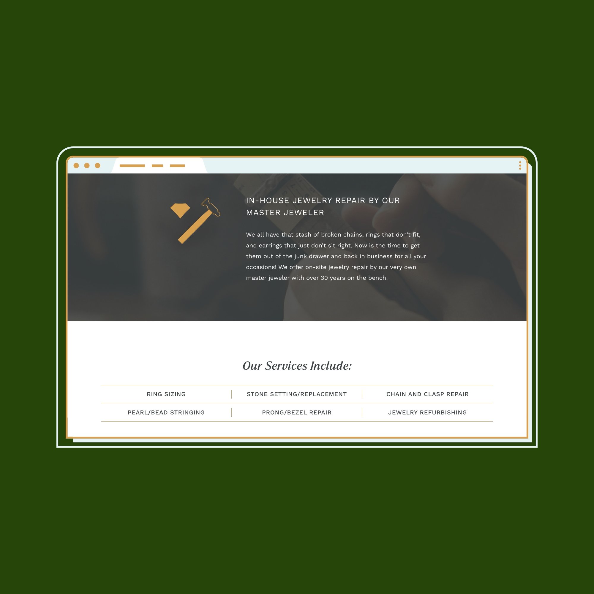 Custom jewelry design and repair website services page design in Squarespace