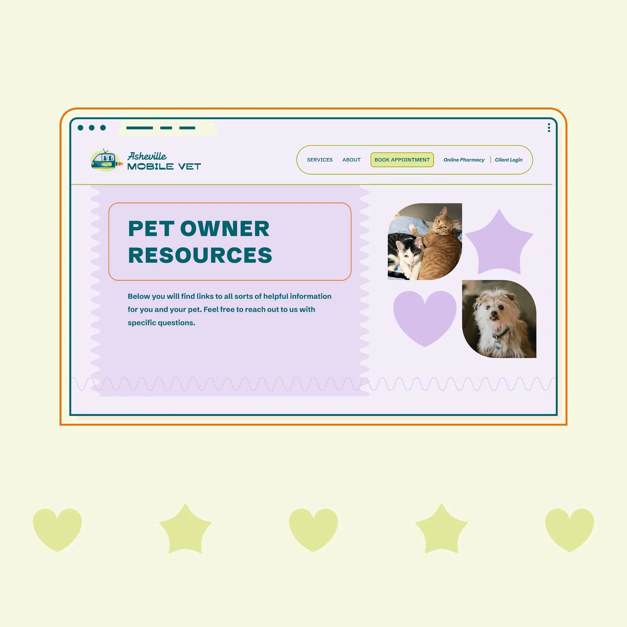 Friendly, bright website resources page design for dog and cat care from a mobile veterinarian
