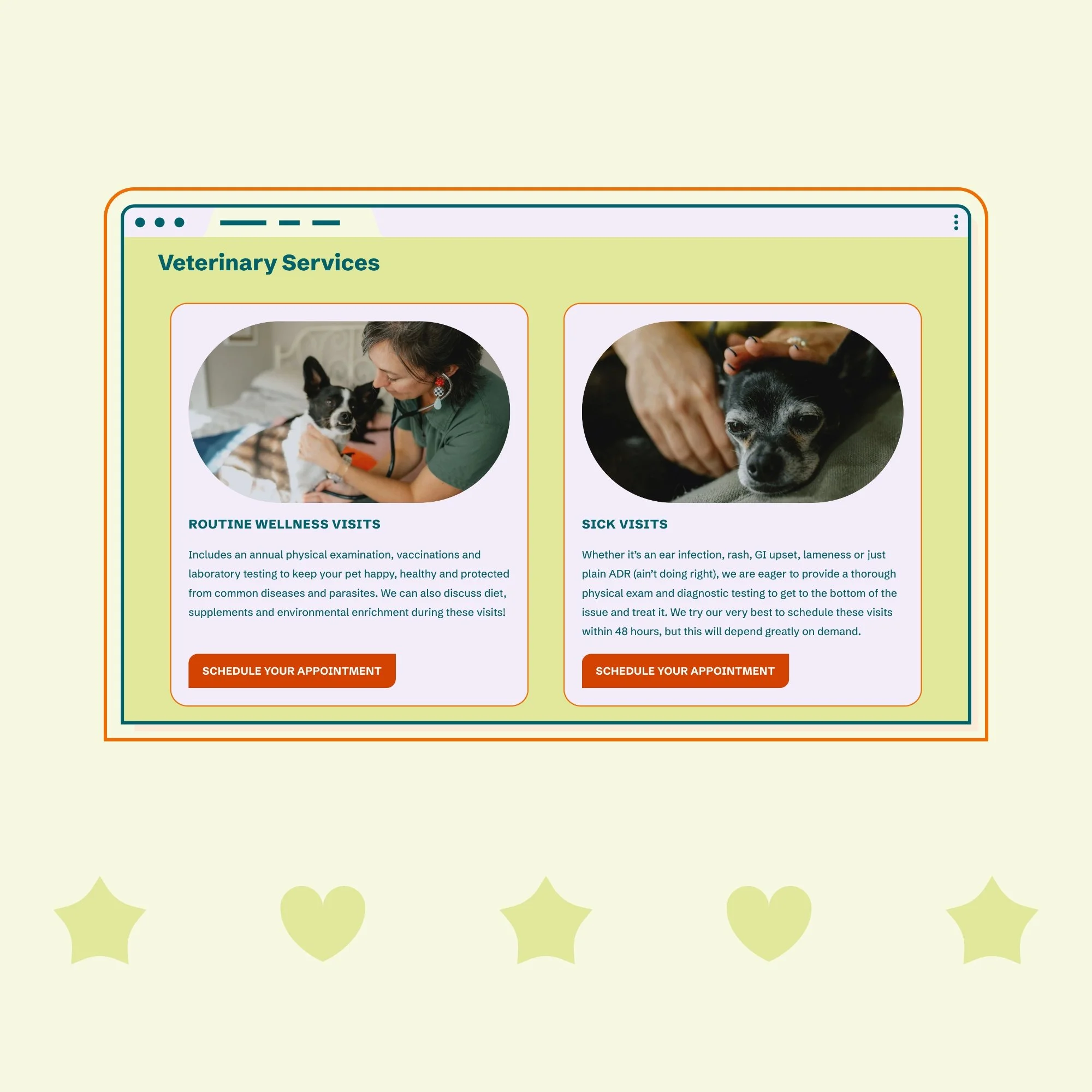 Bright, playful, soft website services page design for Asheville Mobile Vet