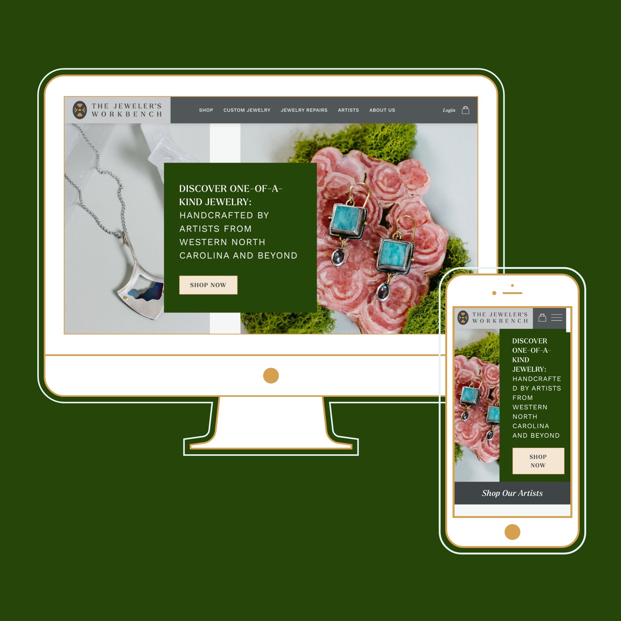 Modern, elegant, high-end Squarespace e-commerce website design for a jewelry store in Waynesville, NC