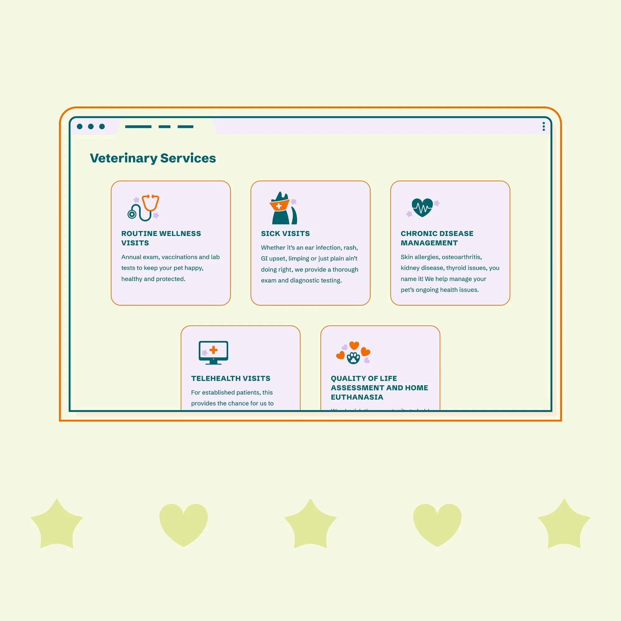 Light, playful, bright website design for a mobile veterinarian showing custom icons to highlight veterinary services