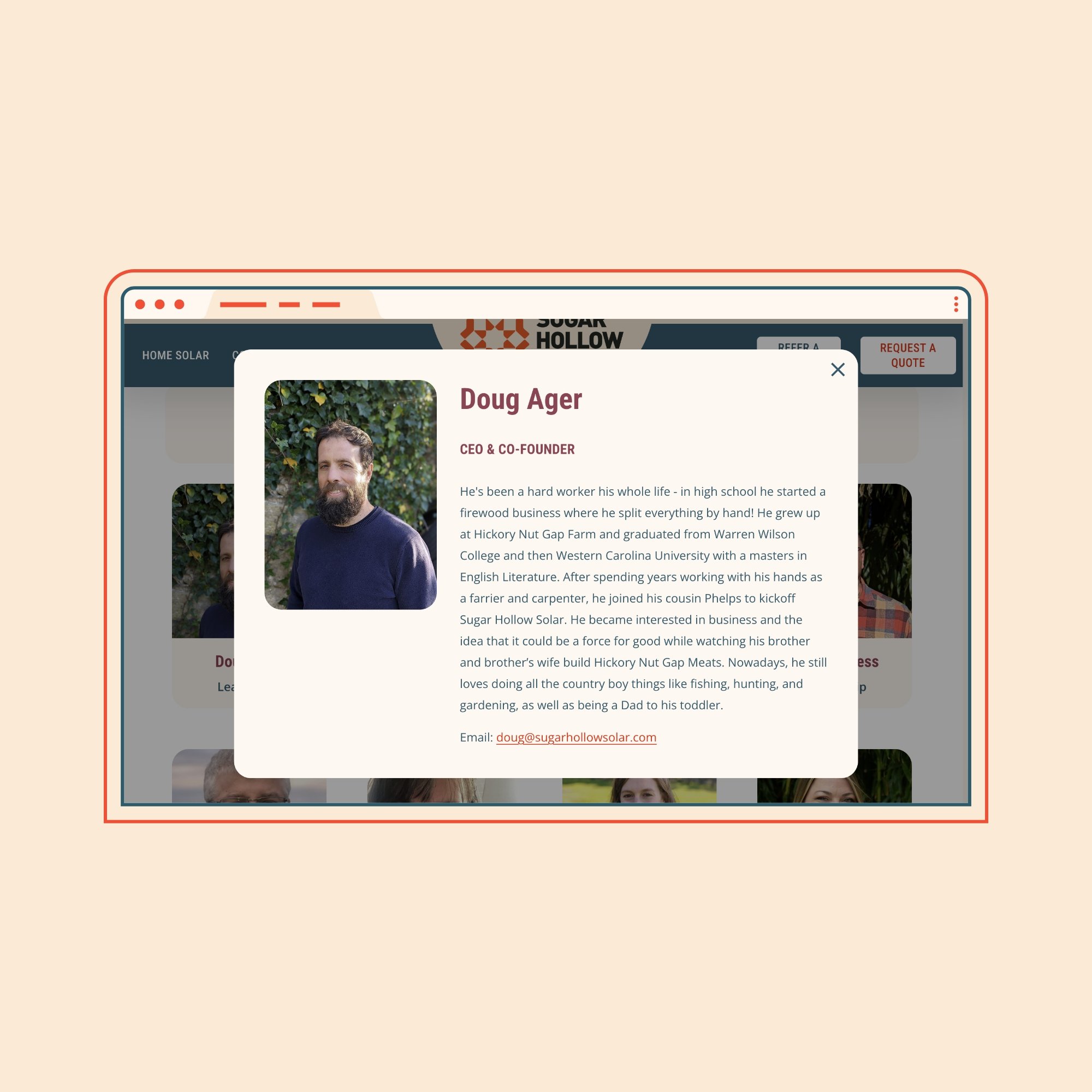 Website About page design showing a pop-up of a team member bio for a solar power company in Asheville