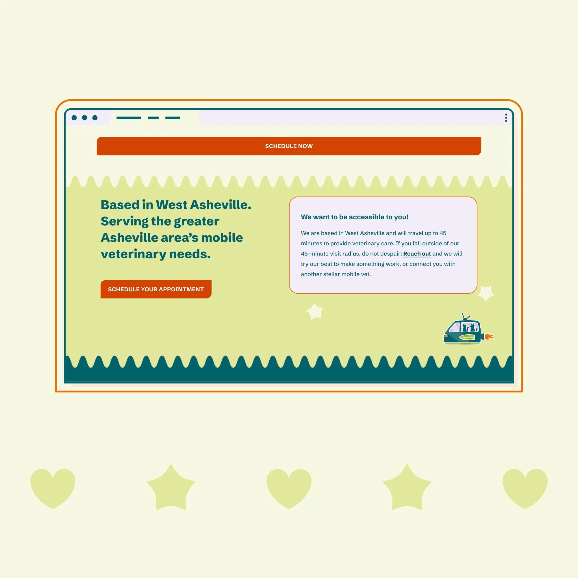 Website design for Asheville Mobile Vet showing a van that looks like a spaceship with a cat and dog in the window