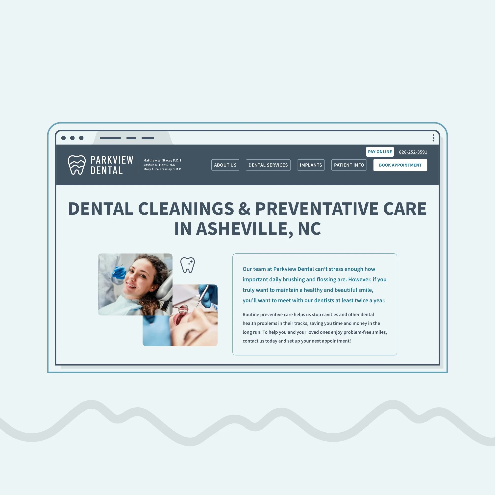 Custom designed website for a dentist office dental cleanings page, with soft blue colors