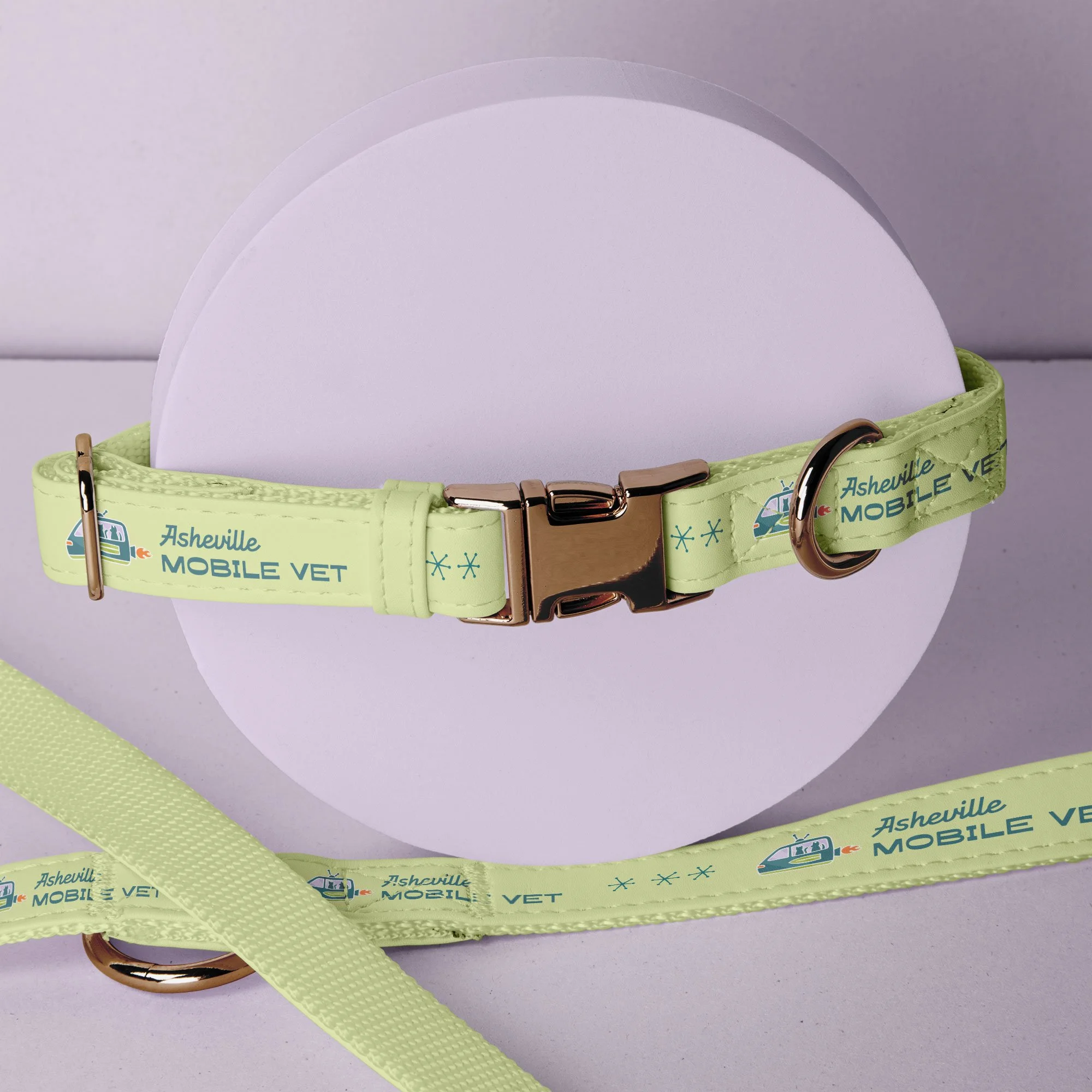 Pastel green dog leash patterned with navy retro atom icons and the Asheville Mobile Vet logo