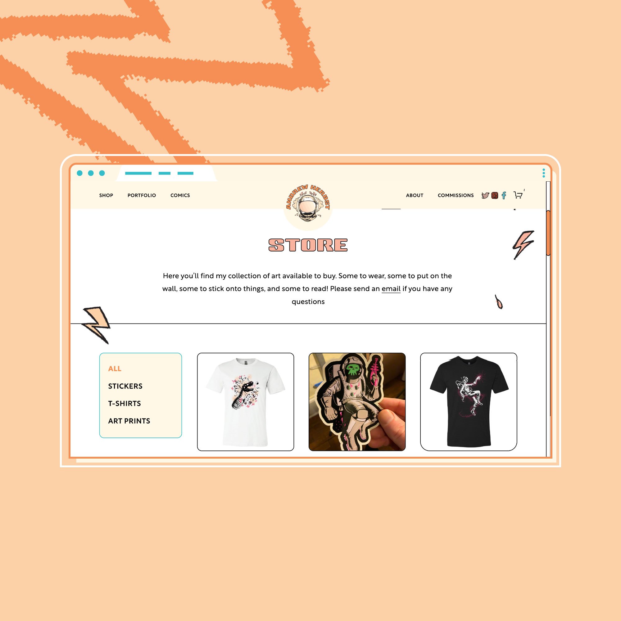Fun, playful, modern website e-commerce shop design for an artist and illustrator