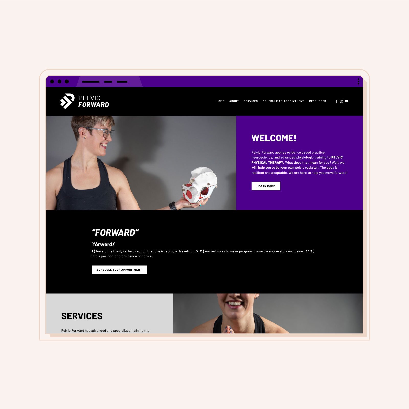 Pelvic Forward | bold, energetic purple and black Squarespace website design for Asheville physical therapist