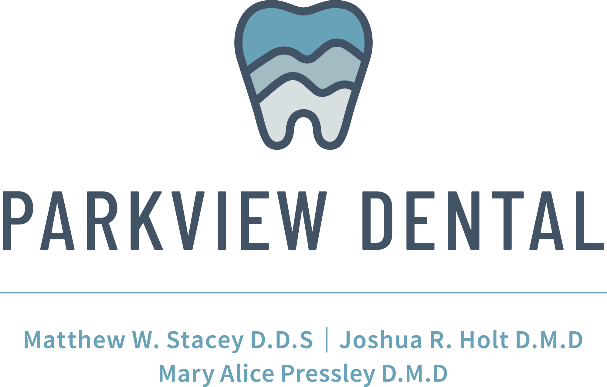 Parkview Dental logo design showing a blue tooth with 3 layers of blue mountains inside
