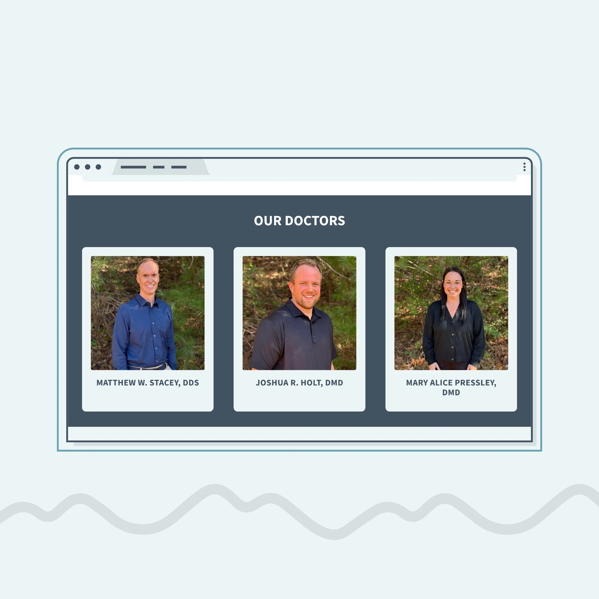 Dental practice about page design showing doctor bios