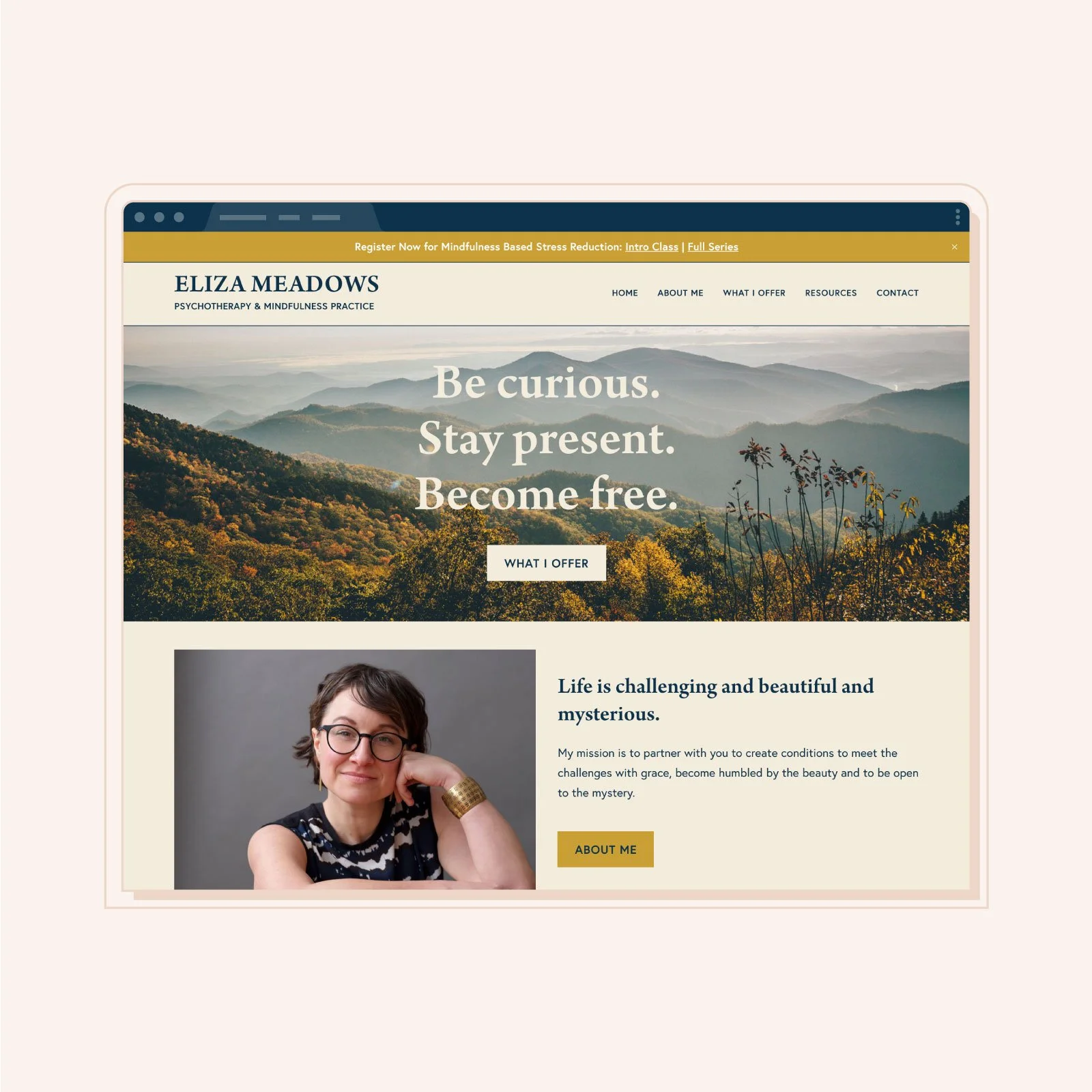 Eliza Meadows | Calming website design for a therapist with a mountain photo on an iPad