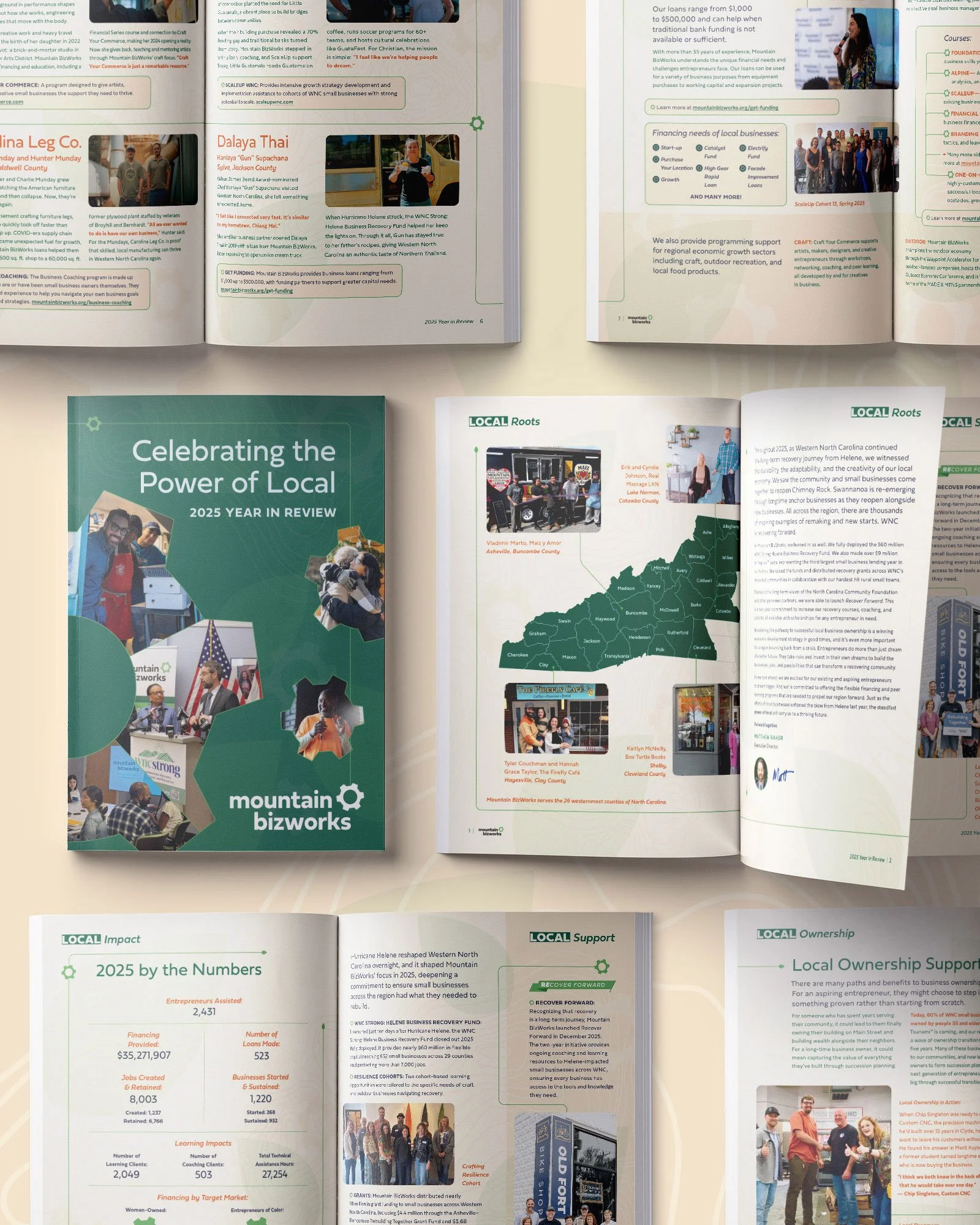 Pages of printed annual report design for Mountain BizWorks, a grantmaking organization in Asheville, NC
