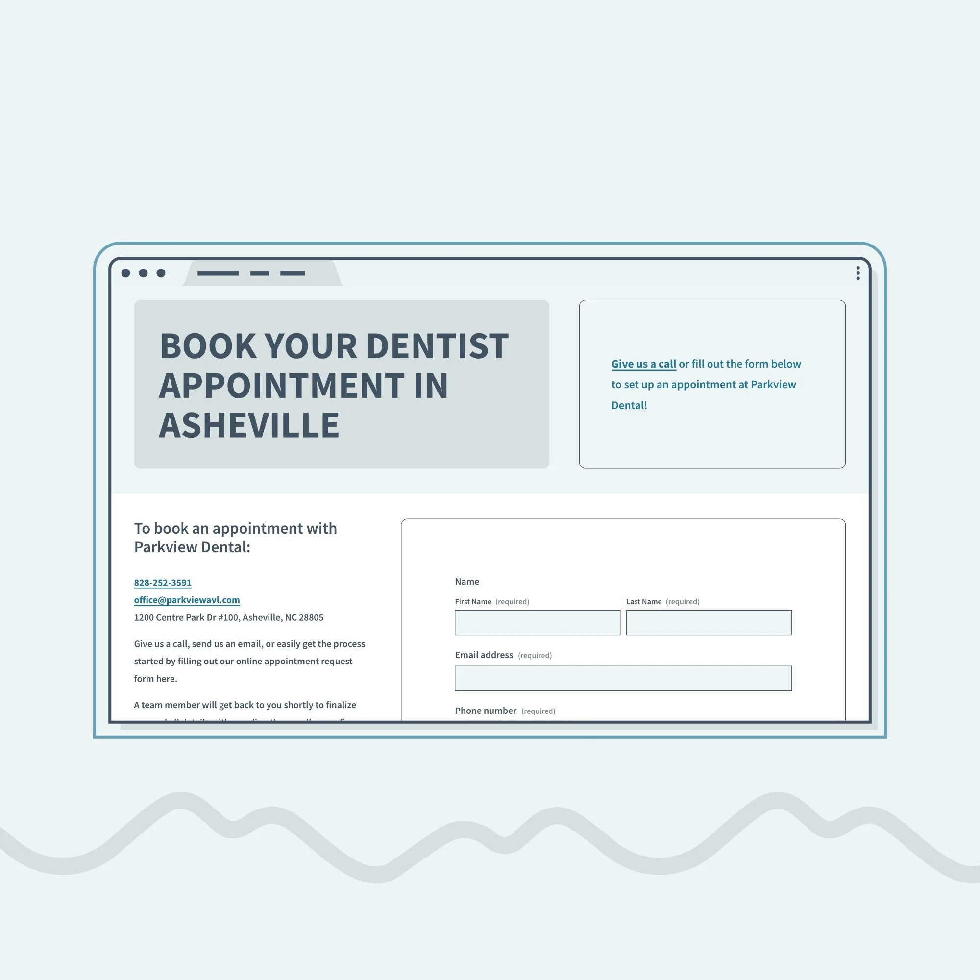 Website design for a WNC dental practice showing their book appointment page with an easy-to-use booking inquiry form for patients