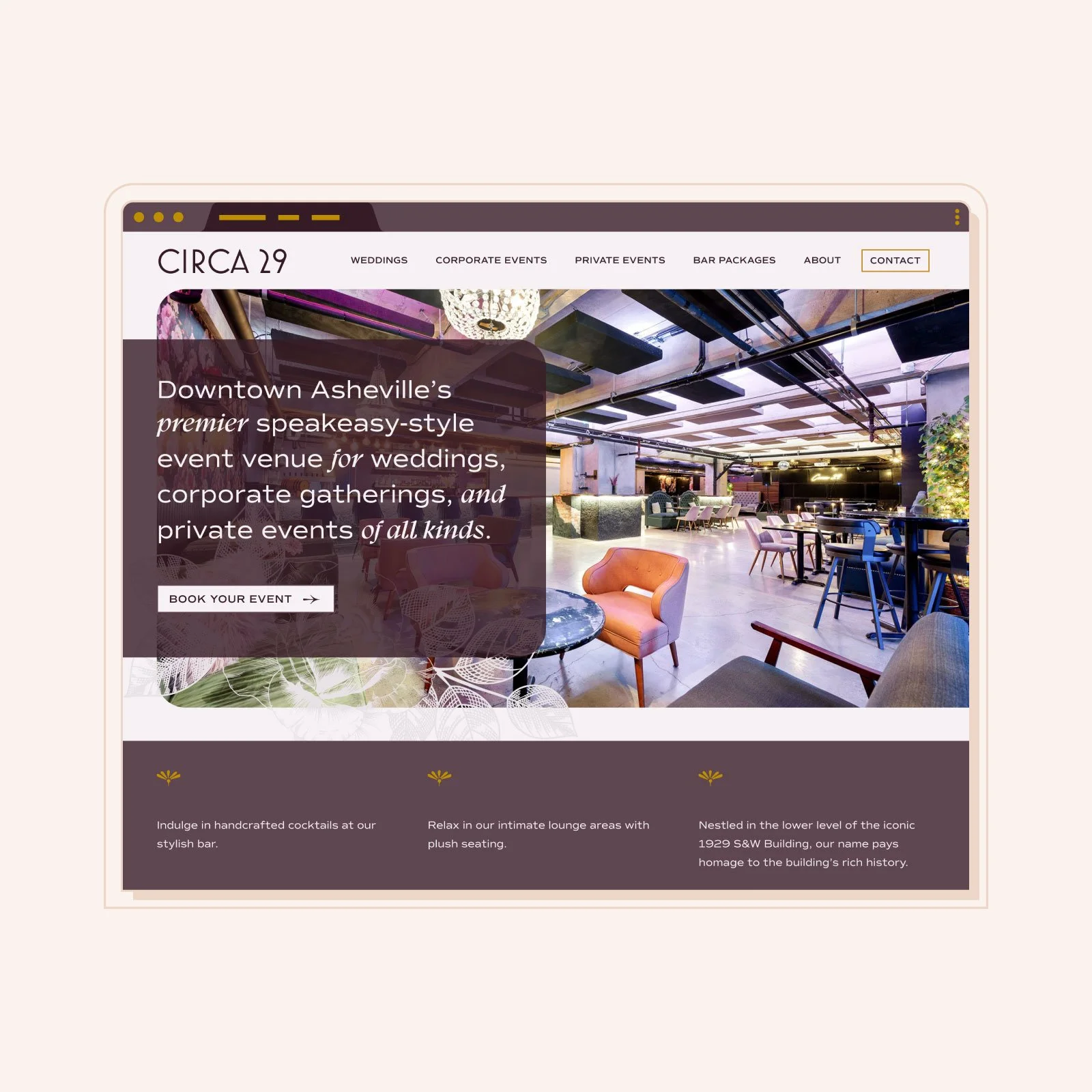 Circa 29 | elevated, moody, mysterious, urban website design in Squarespace for a Downtown Asheville wedding and event venue