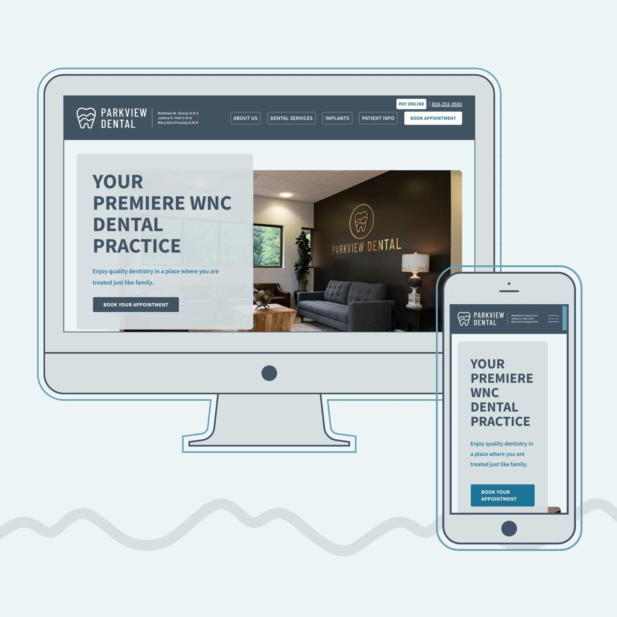 Modern, clean, simple Squarespace website homepage for a WNC dental practice