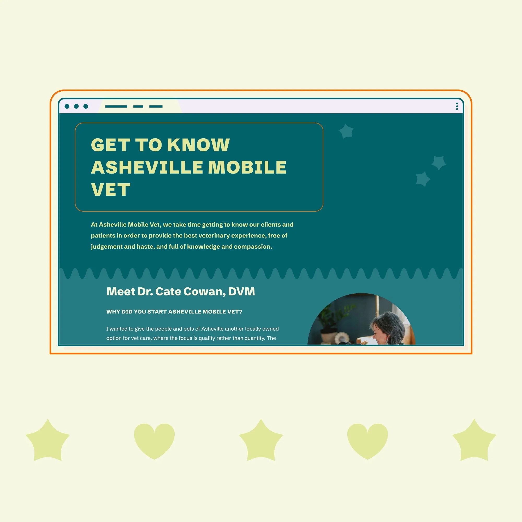Bold, bright, colorful website about page design for a mobile veterinary clinic in Asheville