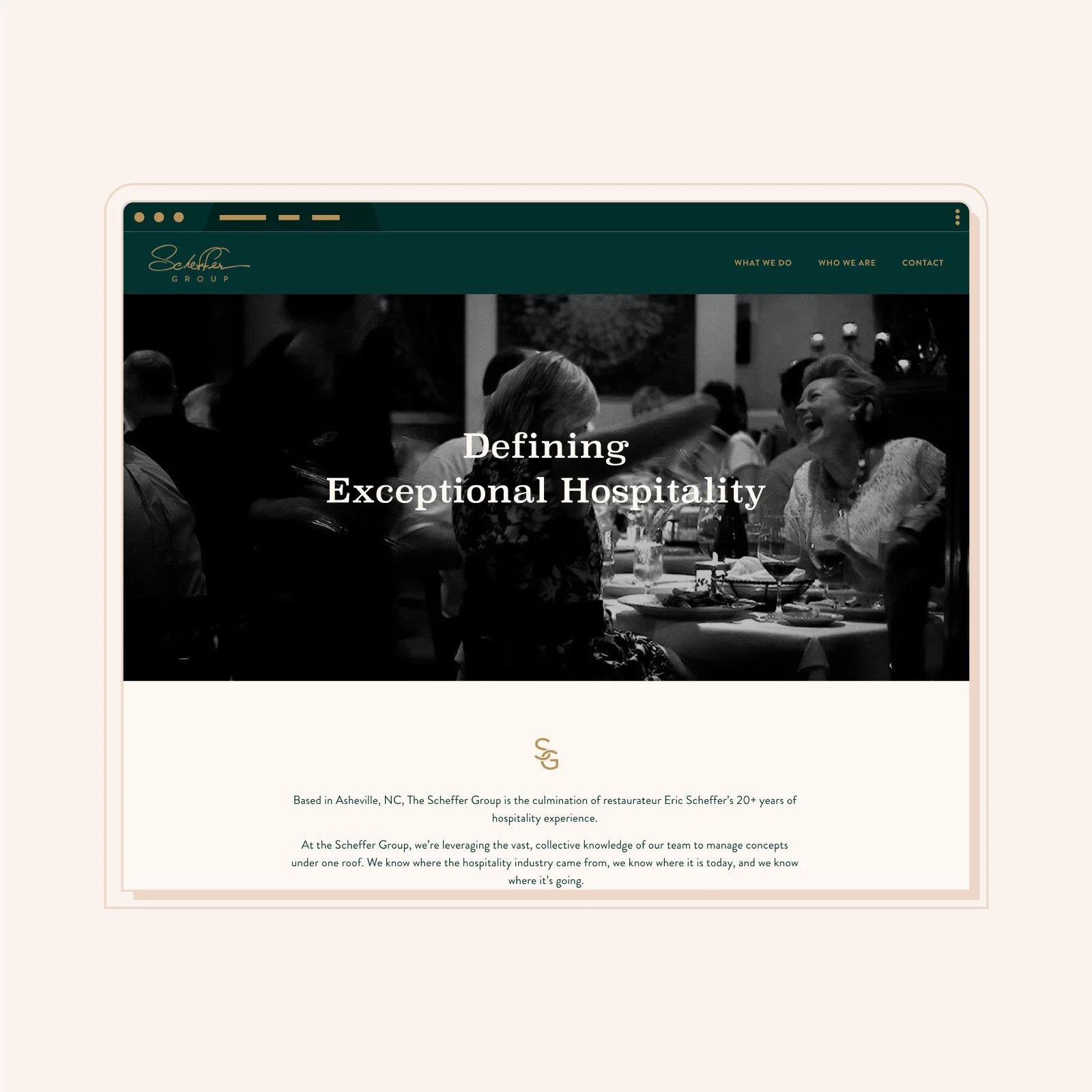 The Scheffer Group | elevated teal and gold Squarespace website design for Asheville restaurant and hospitality consultants, shown on a phone and a tablet