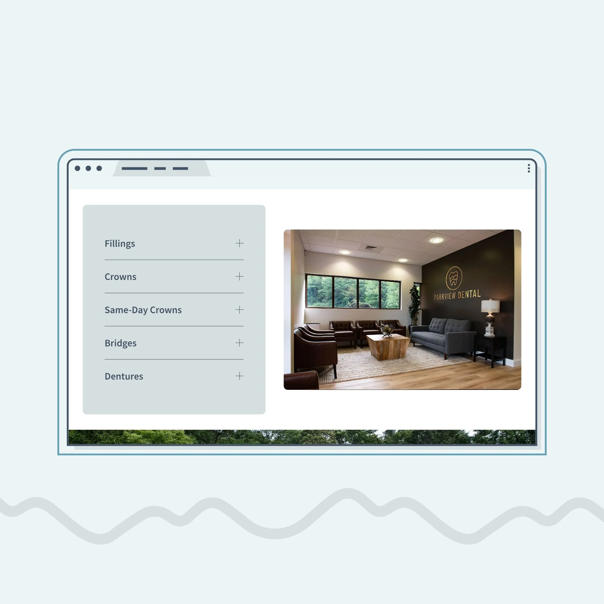 Squarespace website design for a dental practice showing dental service FAQ section next to a striking photo of their dentist office
