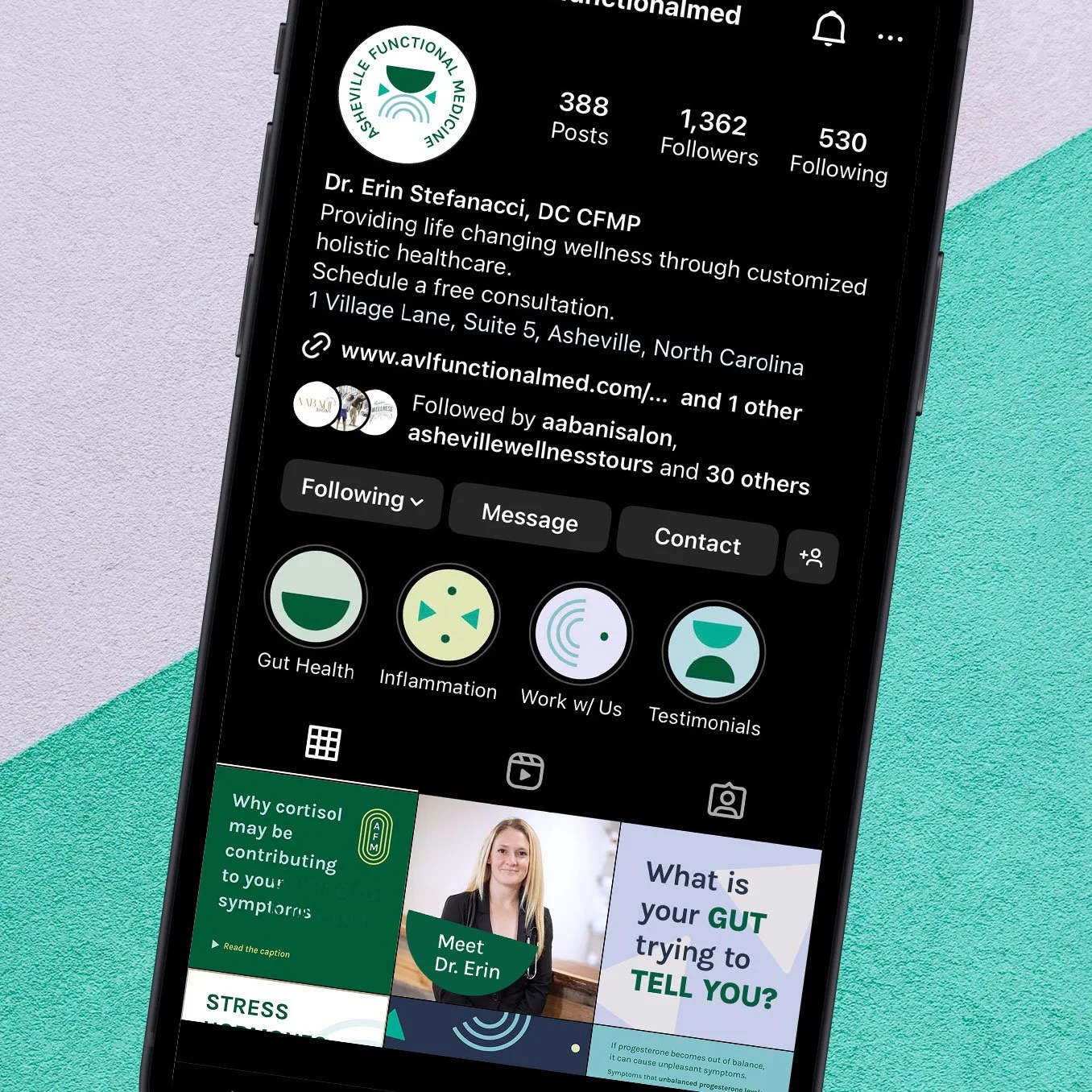 Asheville Functional Medicine branding on Instagram profile with custom branded highlight icons and posts