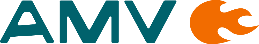 Navy initials AMV with an orange flame at the end