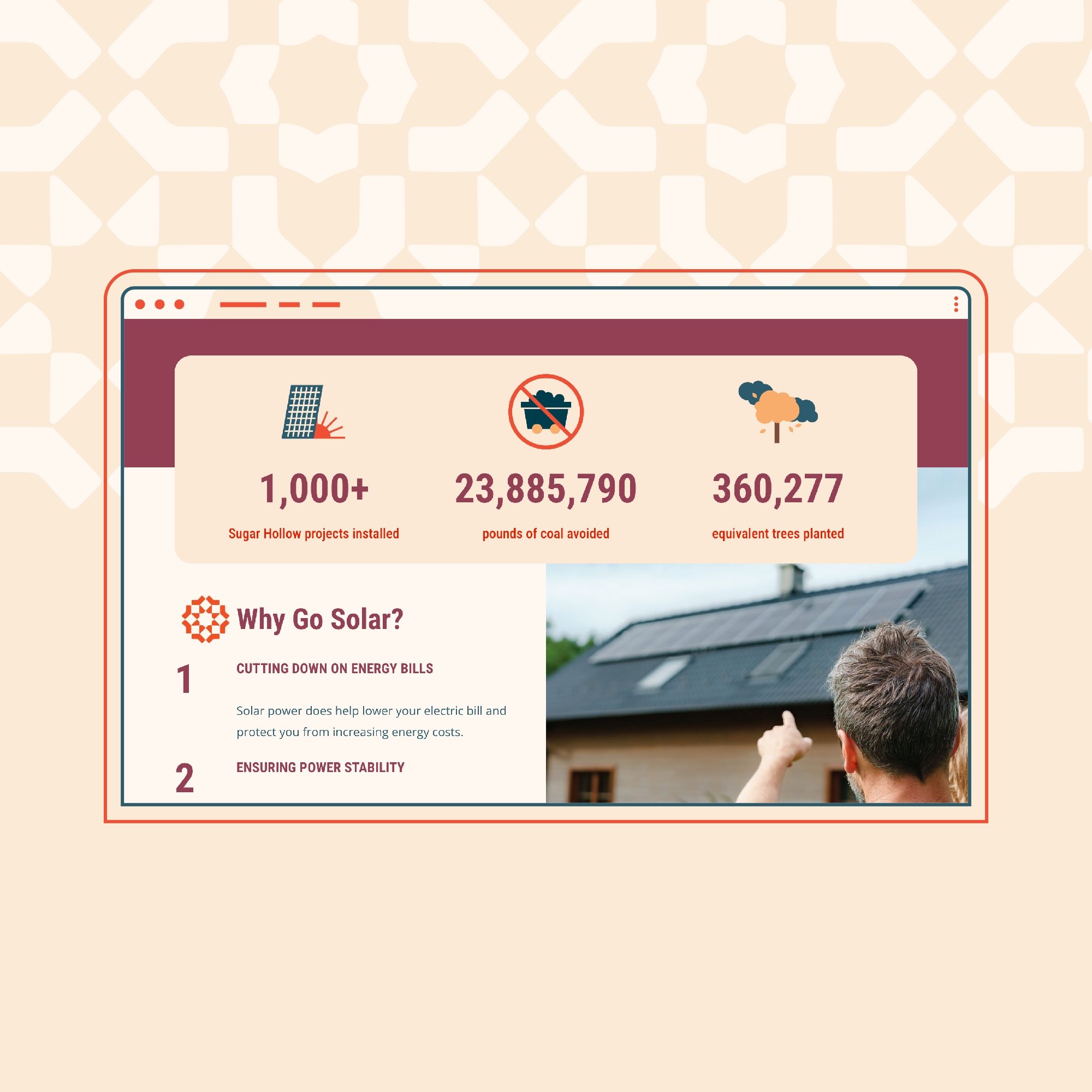 Modern, approachable solar panel company website homepage showing solar energy stats with custom illustrated icons