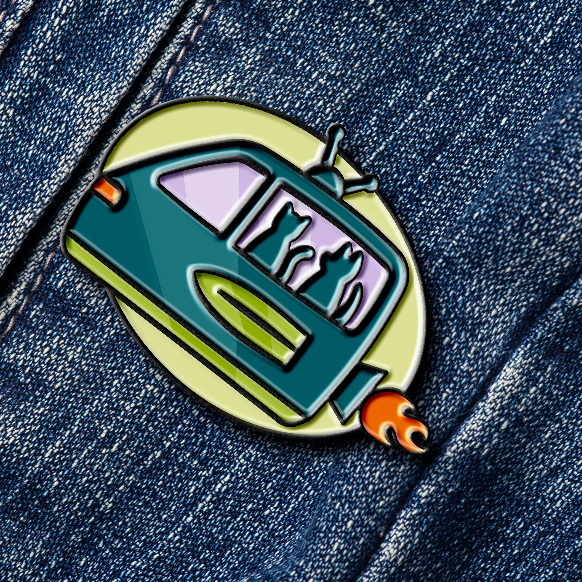 Enamel pin of a mobile veterinary van that looks like a spaceship with a wing on the side and a flame jetting off the back, and a dog and cat in the window