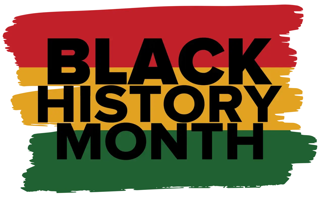 Text reading 'Black History Month' over a background with red, yellow, green, and black horizontal stripes.