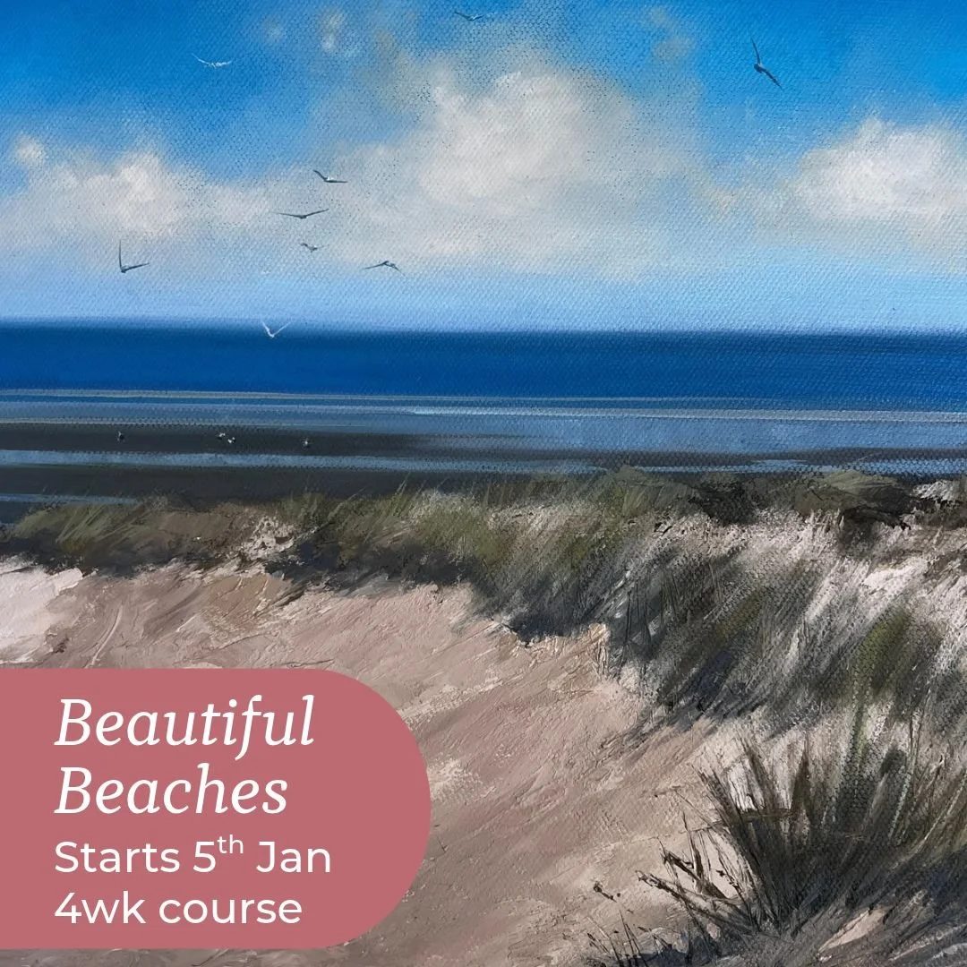 Acrylic painting of a Norfolk coastal beach with sandy dunes, marram grass, a deep blue sea and seabirds flying beneath a cloudy blue sky. Overlaid text reads: “Beautiful Beaches, Starts 5th Jan, 4wk