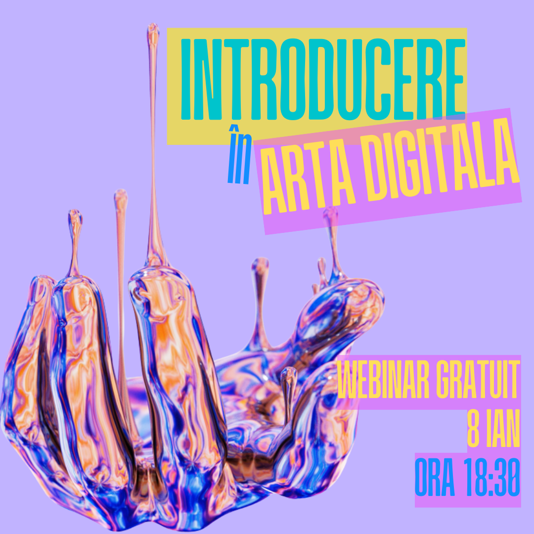 Magnified digital art hand with colorful, abstract patterns, with event information for a free webinar on digital art introduction scheduled for January 8 at 6:30 PM.