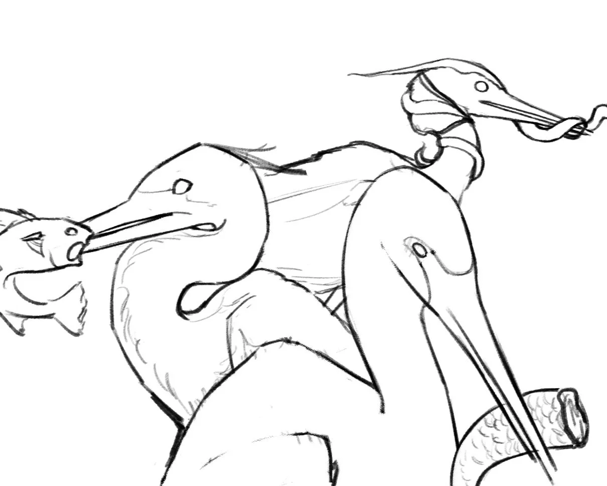 Sketch of stylized birds with long beaks, holding various objects including fish and a snake.
