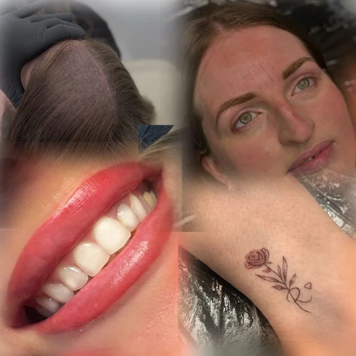 A collage of two photos: one of a smiling person with bright teeth and red lipstick, and another of a woman with freckles and a tattoo of a rose on her arm, lying in water.