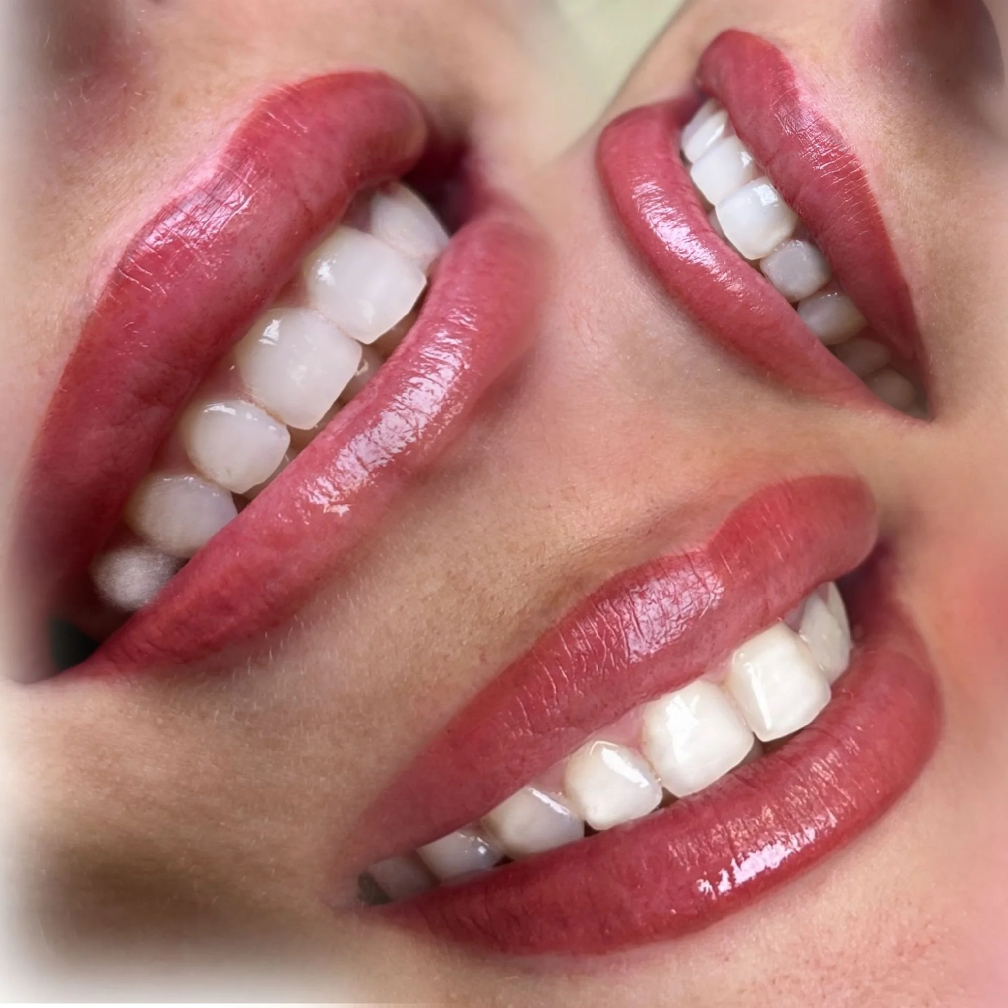 Close-up of smiling faces with pink lips and white teeth.