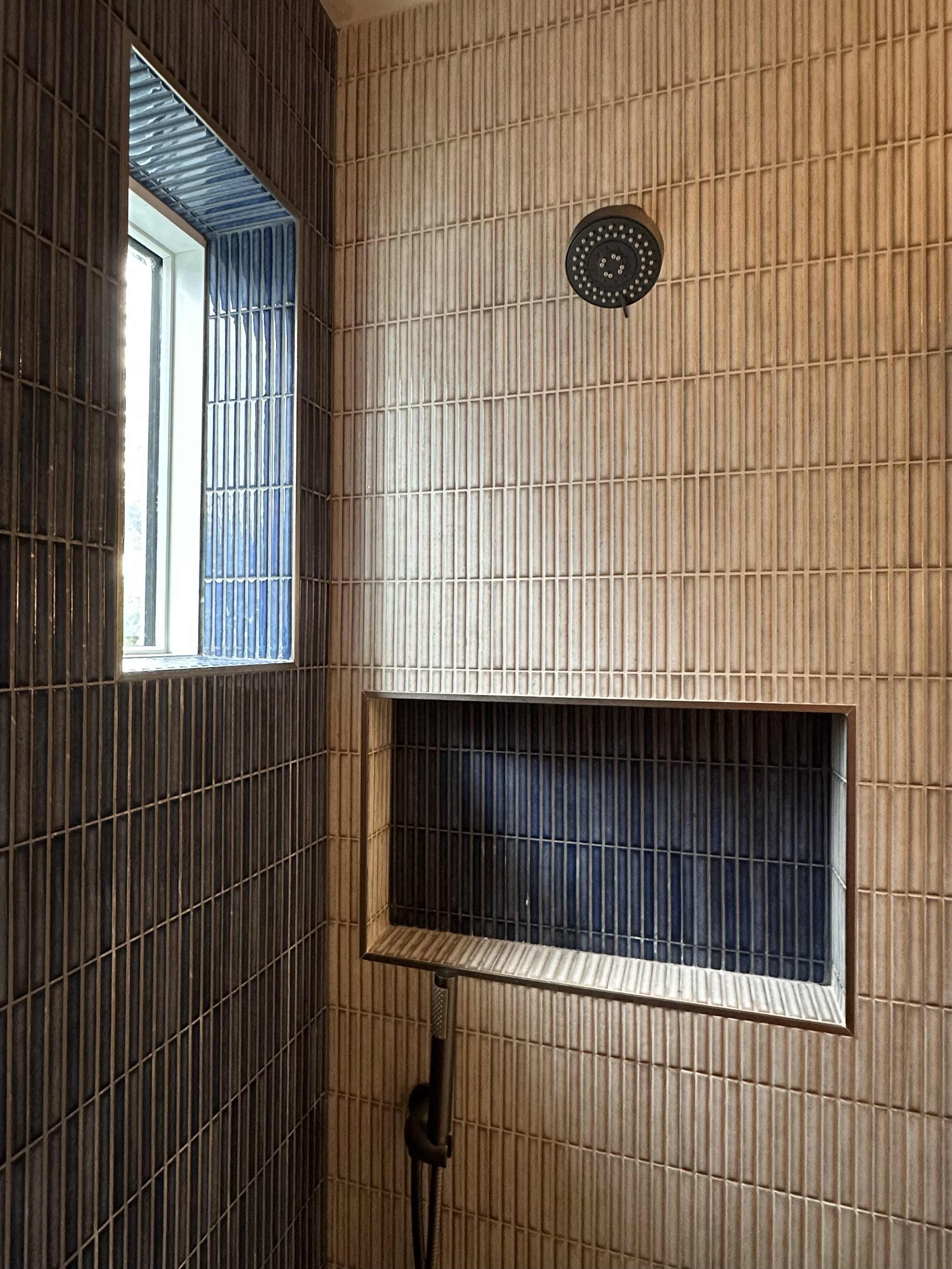 Linear Shower Tile Bathroom Window and Shelf Detail