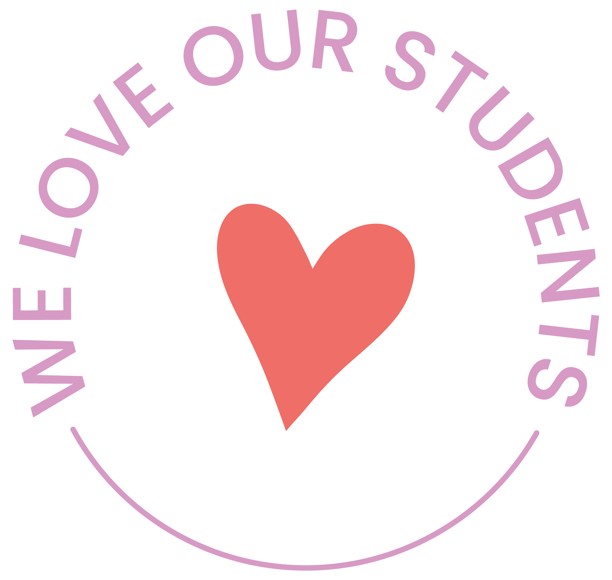 Heart symbol surrounded by a circular purple text that reads 'WE LOVE OUR STUDENTS'.