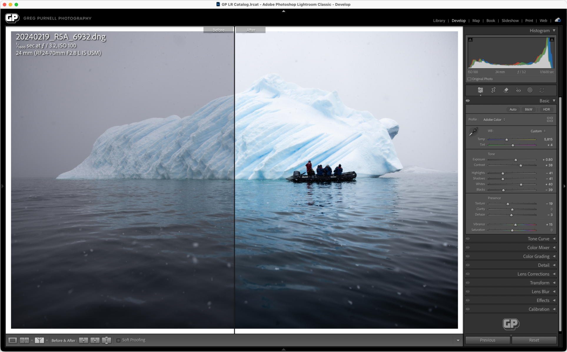 A screenshot of the Adobe Lightroom Classic application interface on MacOS showing editing control sliders and a histogram, along with a photo of an iceberg and zodiac showing a before and after comparison view.
