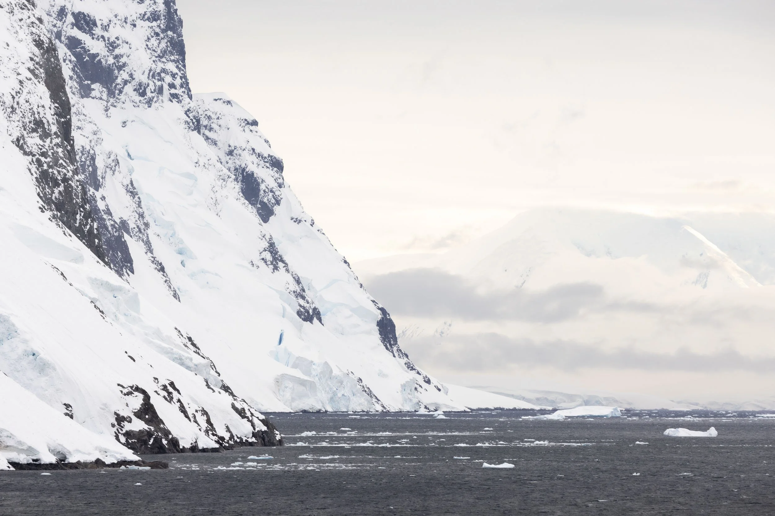 Near-vertical mountains and numerous glaciers line the coast line and tower out of view, as calved ice and bergy bits drift by through the waters of the Lemaire Channel, Antarctica.