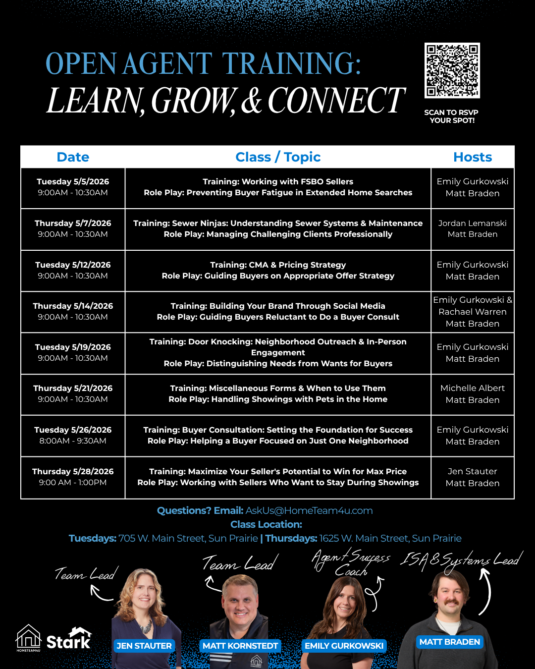 Stark HomeTeam4u May 2026 Open Agent Training schedule with dates, topics, and host names for Sun Prairie, WI sessions