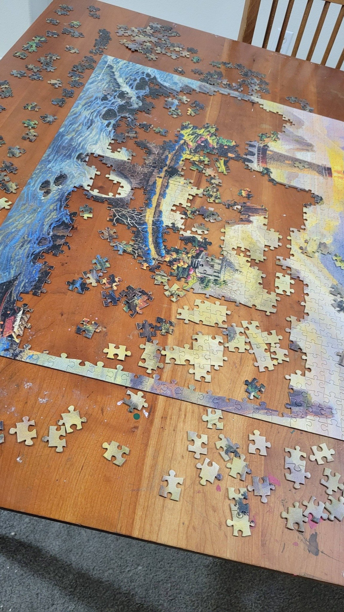 When you put together a puzzle, how do you organize the pieces? Loosely according to color or in rows by color and shape? Can you guess which one is my puzzle and the other is Lauren's?