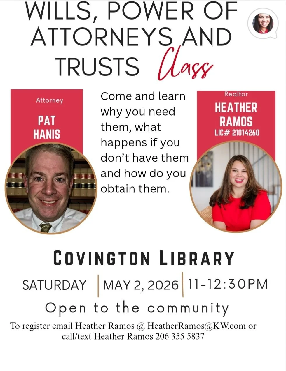 Saturday, May 2nd 11-12:30p!! Pat and I would love to have you join us at the Covington library for this information packed class on Wills,Trusts and POAs