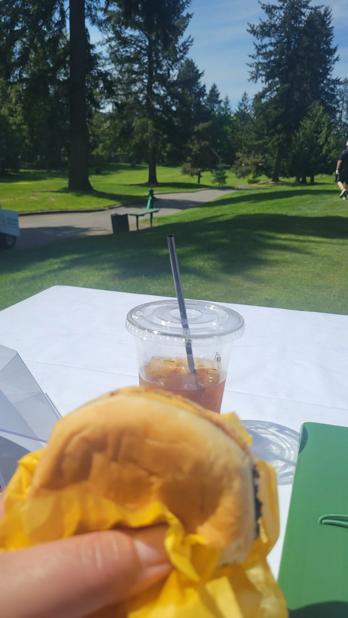 77&deg; with a Dicks burger in hand enjoying sponsoring and helping at this golf tournament!