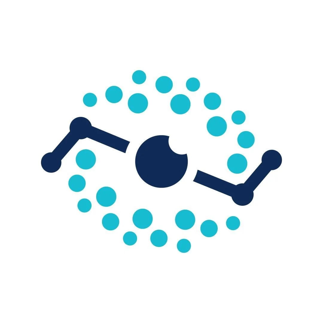 A navy orb in the center of smaller aqua circles