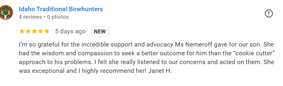 Screenshot of a Facebook review for Idaho Traditional Bowhunters, expressing gratitude for support and advocacy.