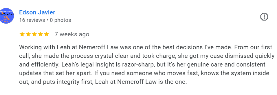 Screenshot of a Google review for Edson Javier at Nemeroff Law, praising Leah's legal expertise and care.