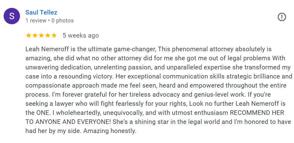 Screenshot of a Google review praising Leah Nemeroff as an exceptional lawyer.