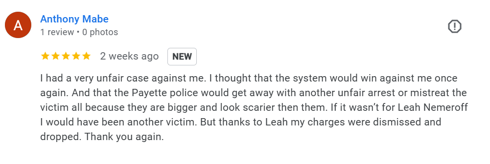 Screenshot of a 5-star review by Anthony Mabe, mentioning a legal case and praise for Leah.