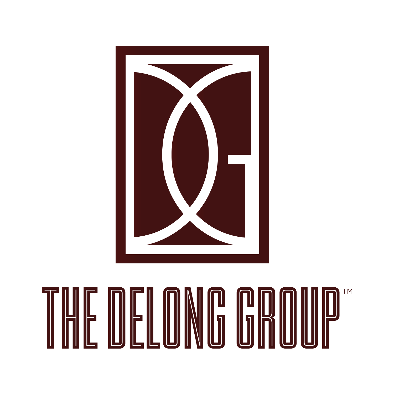 Logo for The Delong Group with a stylized black geometric emblem and maroon text.