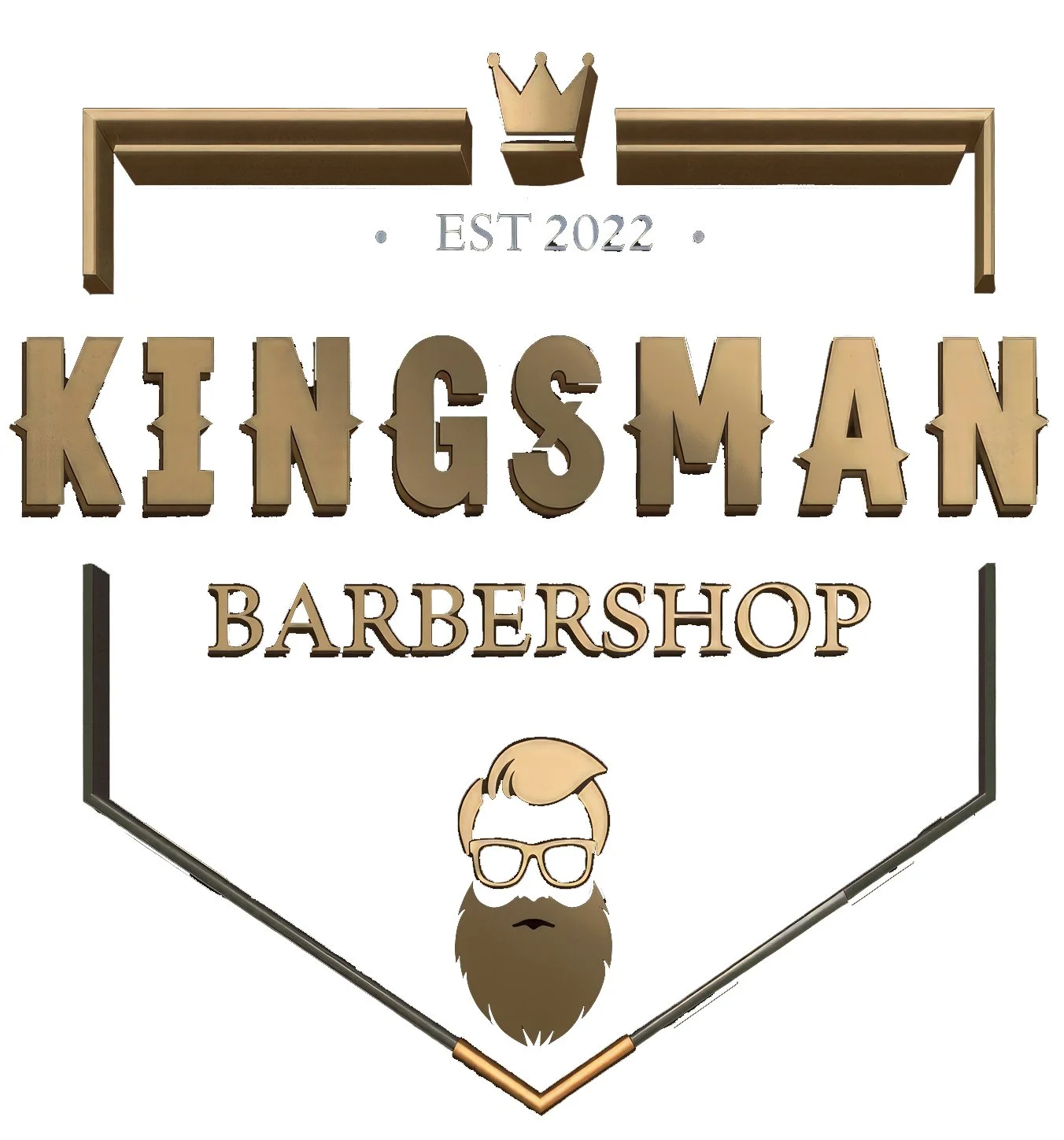 Barbershop sign with the text 'KINGSMAN BARBERSHOP' and an illustration of a bearded man wearing glasses, with a crown and the establishment year 2022.