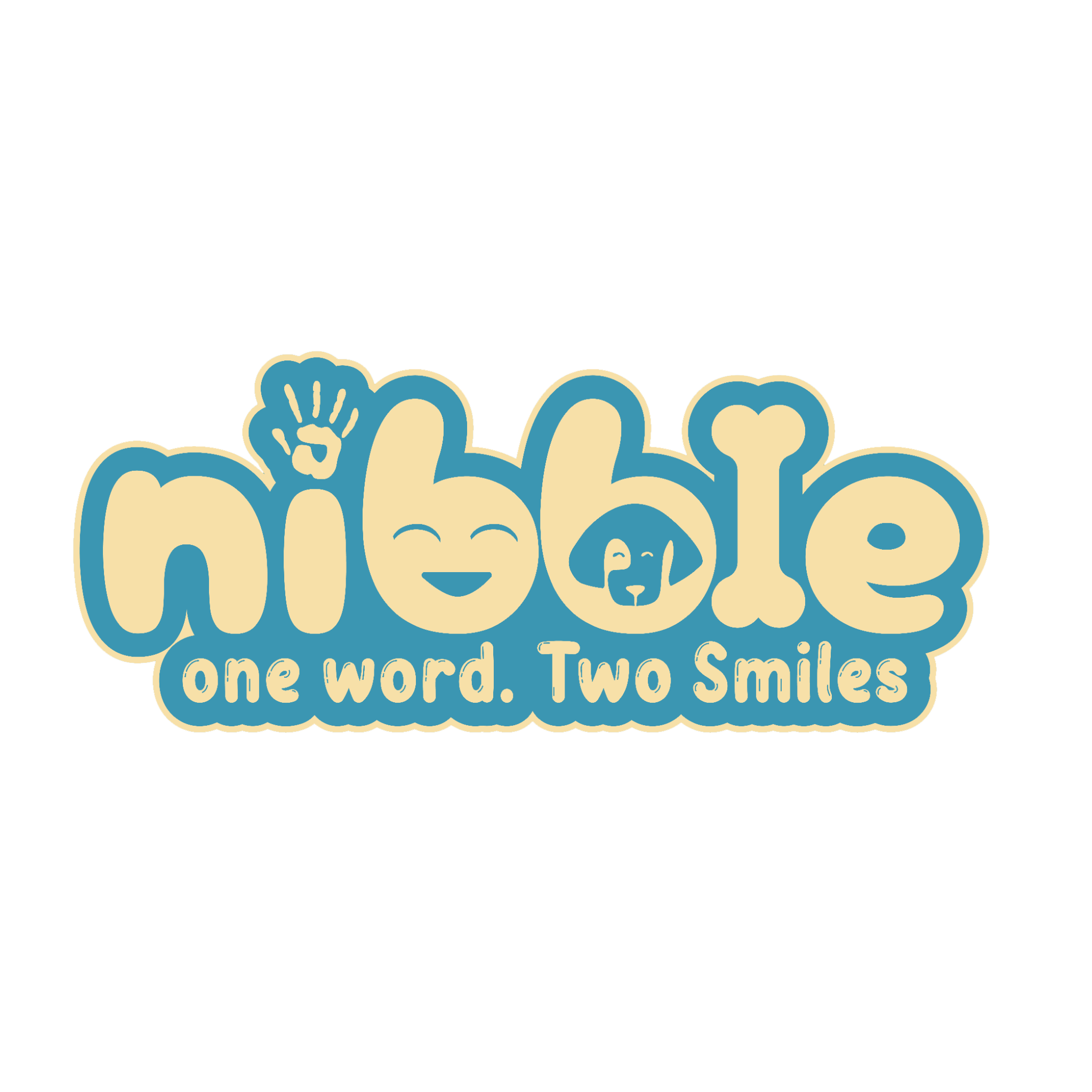 Logo for Nibble, featuring playful fonts with smiling faces and icons of a hand, a smiling face, a dog, and a bone, with the tagline "One Word. Two Smiles". Nibble Together
