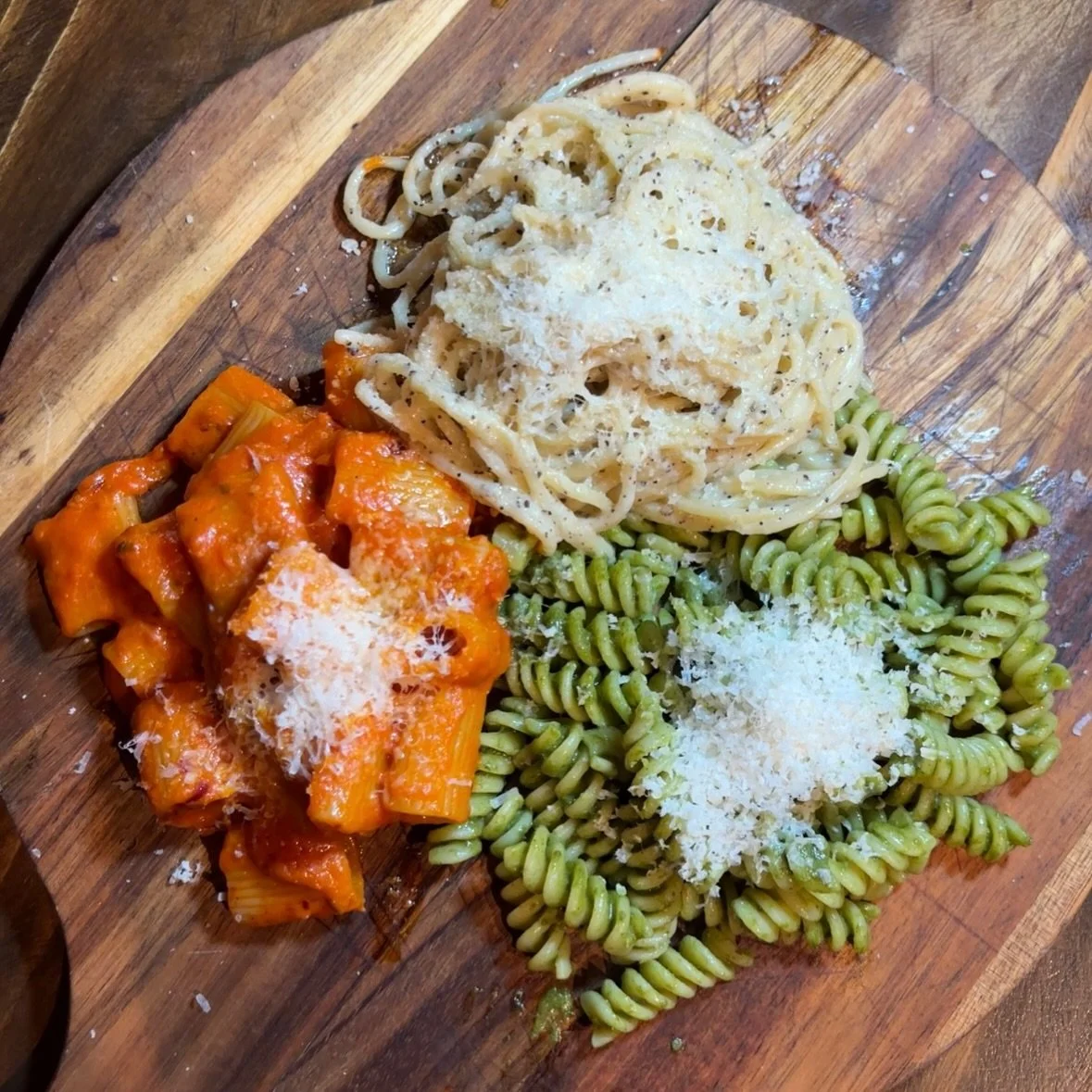 Frankies Pasta Trio 🍝 Spicy Rigatoni Vodka &bull; Fusilli Pesto &bull; Spaghetti Cacio E Pepe