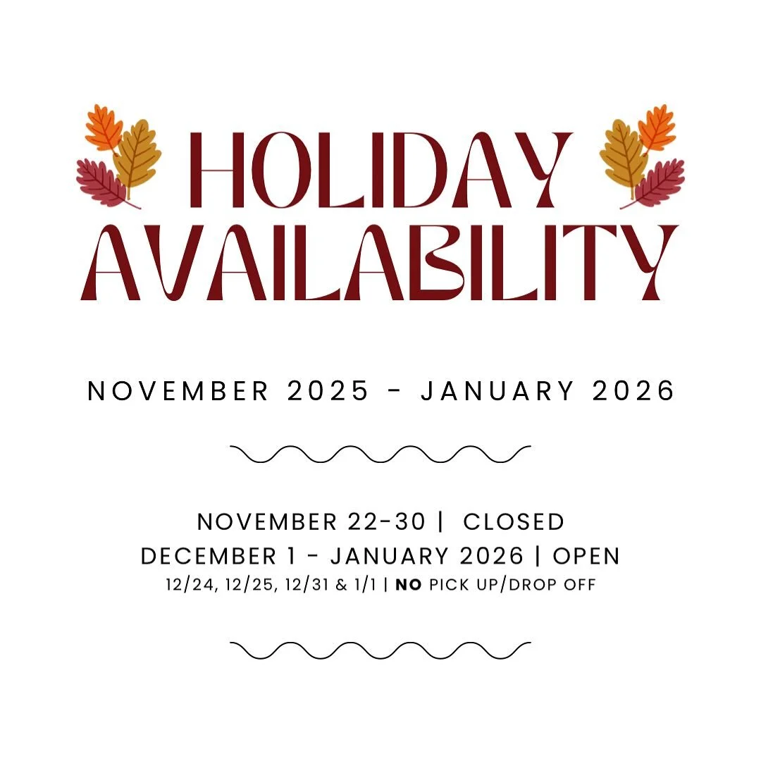 If you are looking to board over the holidays, here is my availability. I will NOT be here for Thanksgiving. If you need suggestions for where to board your dog, please reach out and I can give you some places I trust. I WILL be here for Christmas an