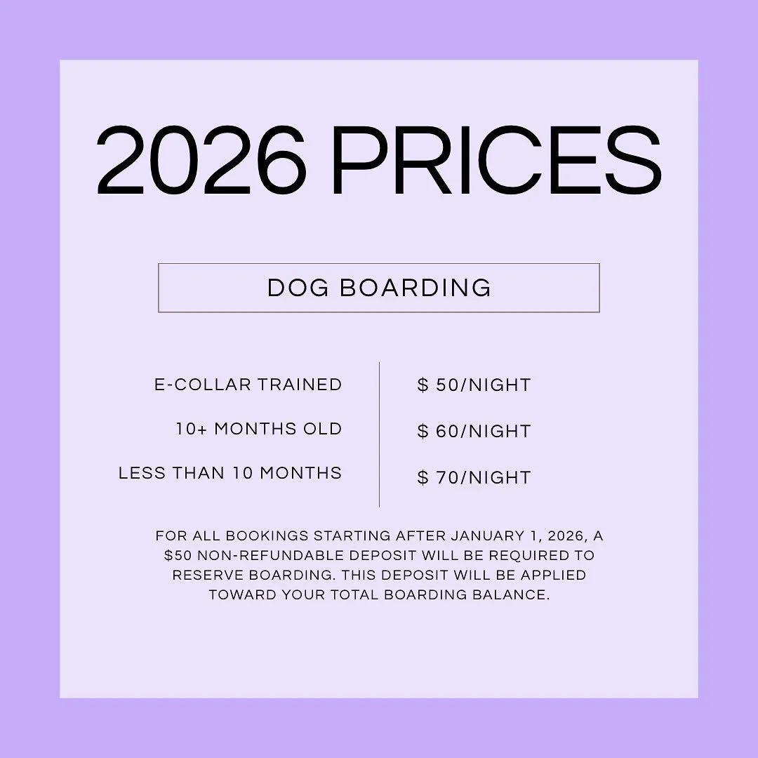 As we head into the new year, we&rsquo;ll be updating our prices and policies to better serve our clients. Beginning January 1, 2026, a $50 non-refundable deposit will be required to reserve your dog&rsquo;s spot on the boarding calendar. This deposi